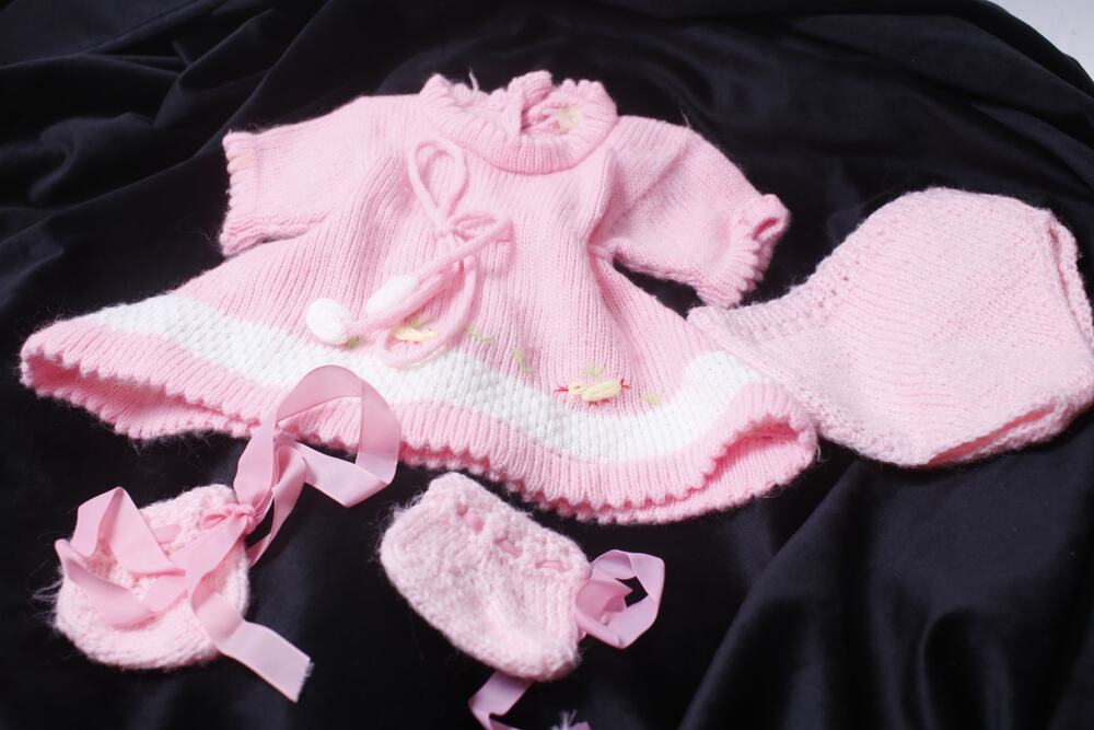 Cabbage Patch Size Vintage Pink Knit Doll Dress Bloomers and Shoes ~ 260914-WH